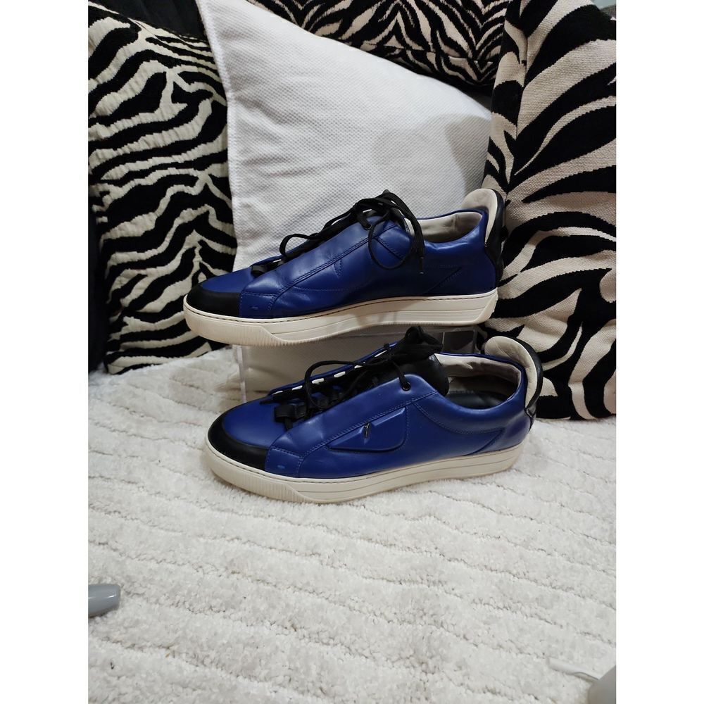 FENDI BUGS MID-TOP LEATHER TRAINERS IN BLUE/BLACK Men's 7.5